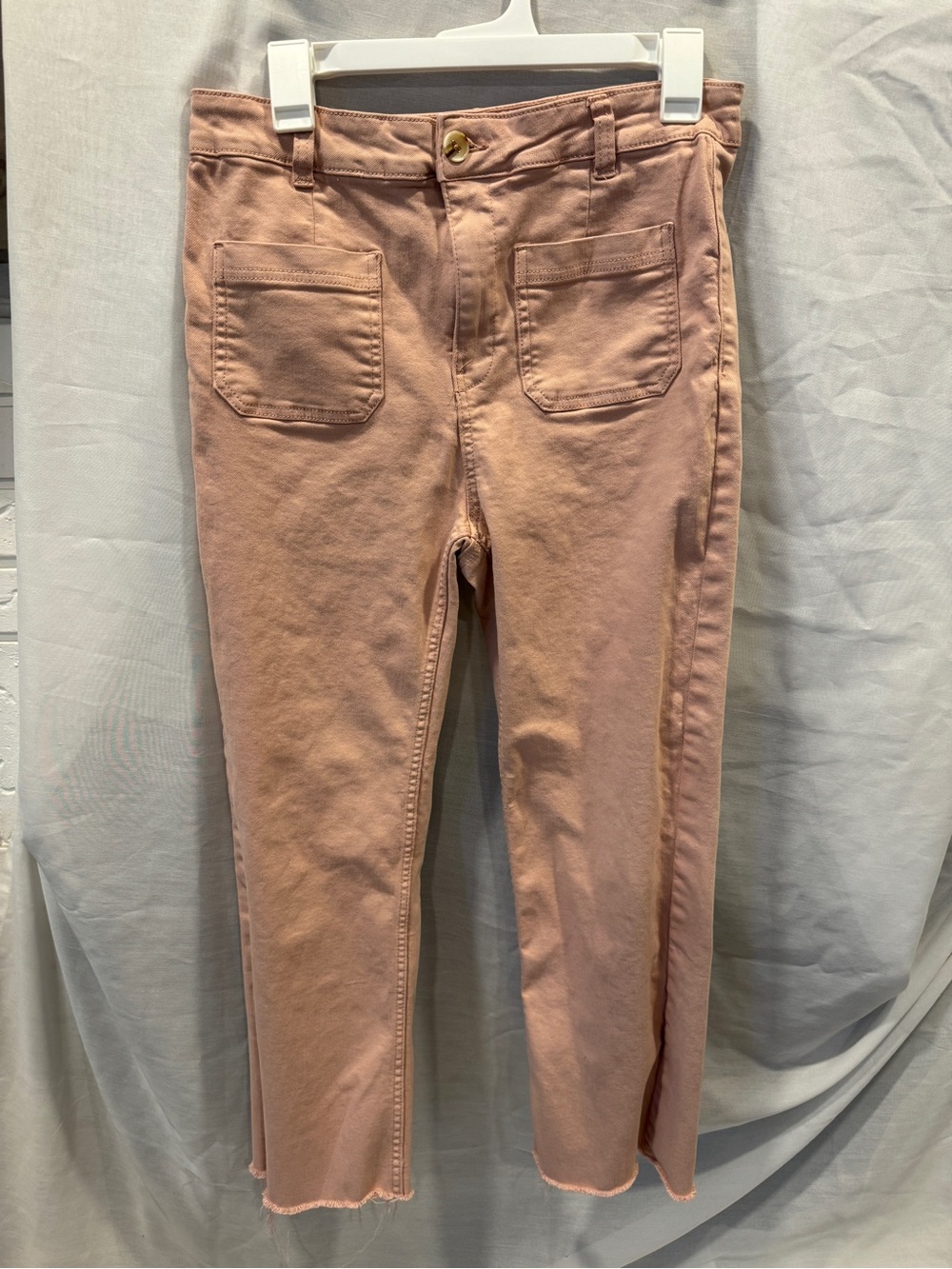 Le Château High Waist Patch Pocket Utility Jeans in Dusty Pink | Raw Hem - Picture 2 of 11